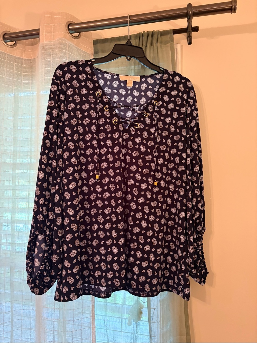 Michael Kors Navy Paisley Lace-Up Long-Sleeve Blouse